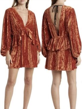 Nwt Topshop Balloon Sleeve Crushed Velvet Dress Sz 10 Terracotta Peplum